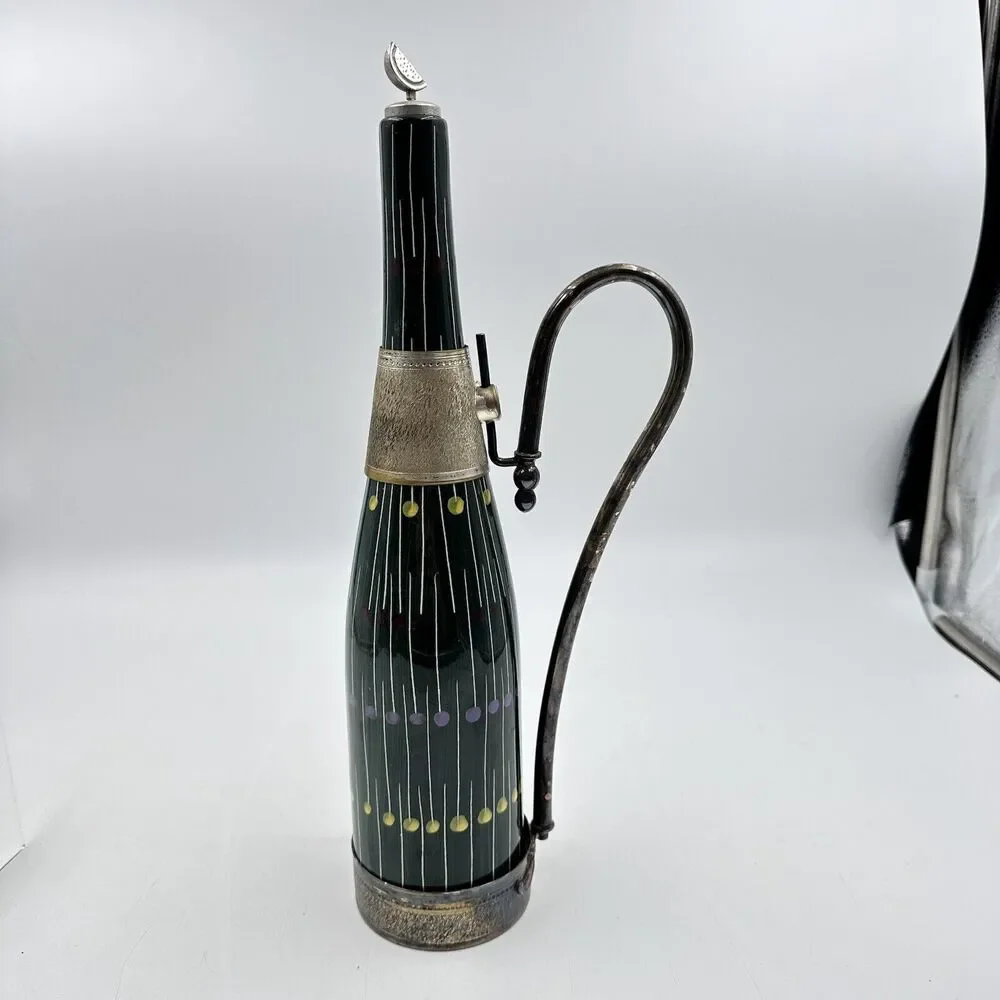 Vintage Ferri Marmaca Italian Ceramic Wine Pitcher Jug Metal Silver Holder 1940s